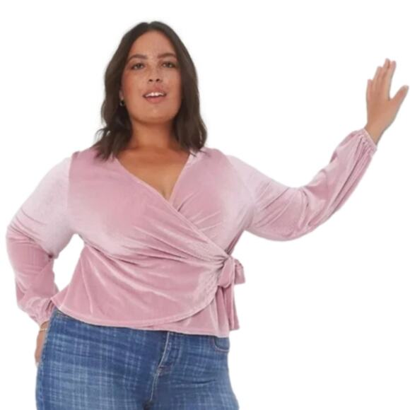 Lane Bryant Classic Blouson-Sleeve Surplice Tie Velour Top Blush Pink Long Sleev - Picture 1 of 9